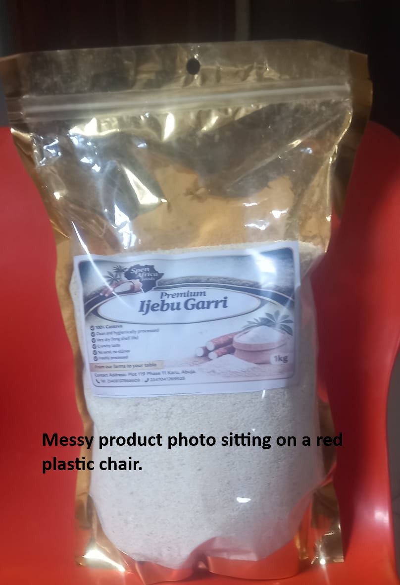 Messy product photo sitting on a red plastic chair.